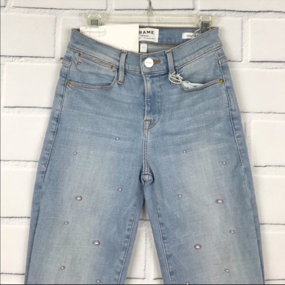 NWT Frame Le High Straight Frayed Jean with Pearls - Picture 5 of 6